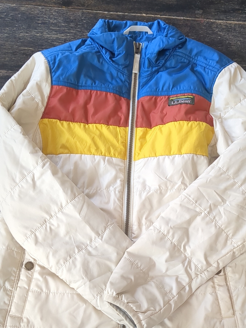 L.L. Bean Kids Colorblock Puffer Jacket in Blue/Red/Yellow/White